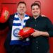 David King and Leigh Montagna hold Kayo Sports footballs ahead of the 2027 AFL season.