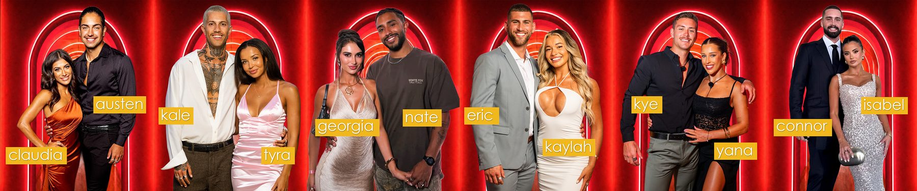 The six returning Love Island Australia Power Couples, with each person identified