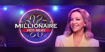 Rebecca Gibney alongside the Millionaire Hot Seat logo