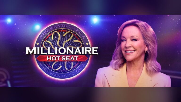 Rebecca Gibney alongside the Millionaire Hot Seat logo