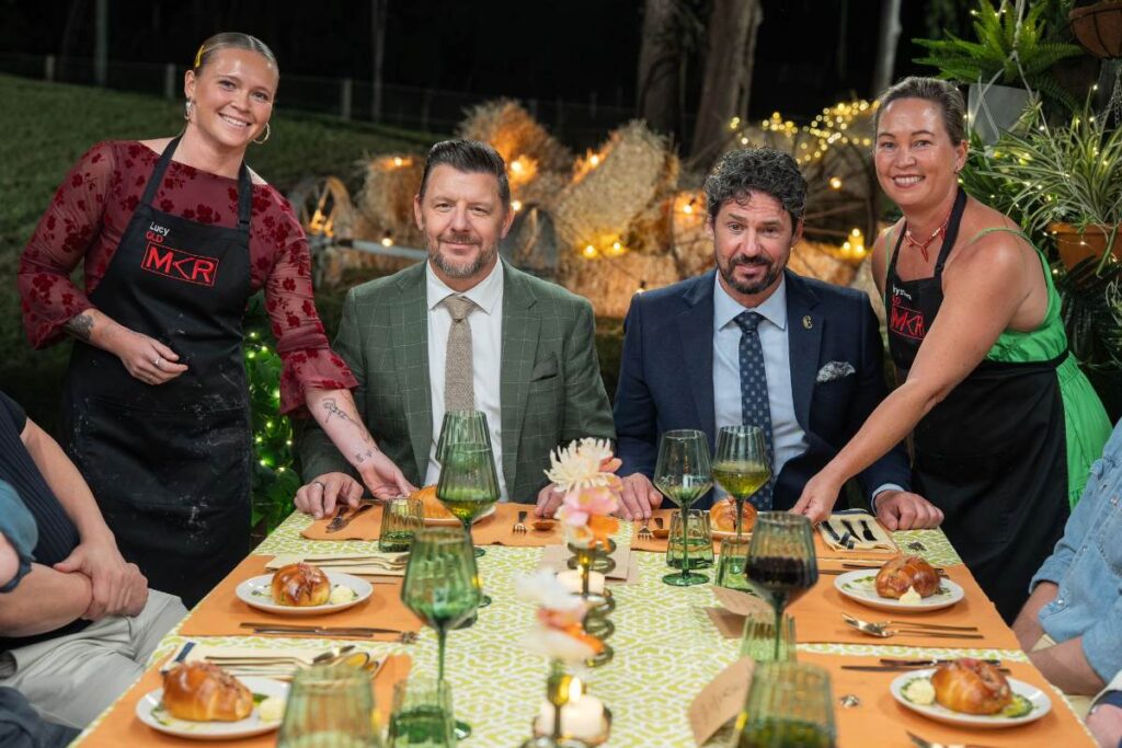 Krysten and Lucy with judges Manu Feildel and Colin Fassnidge at the table