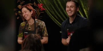 Sheridan and Ted greet diners at their My Kitchen Rules Instant Restaurant
