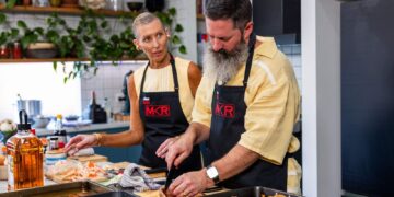 Jane and Shane prepare food together in the My Kitchen Rules kitchen