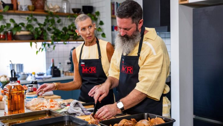 Jane and Shane prepare food together in the My Kitchen Rules kitchen