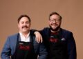 Angus and Simon in their aprons for My Kitchen Rules on Channel 7