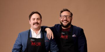 Angus and Simon in their aprons for My Kitchen Rules on Channel 7