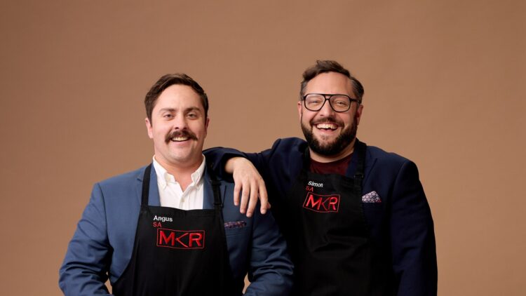 Angus and Simon in their aprons for My Kitchen Rules on Channel 7