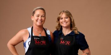 Krysten and Lucy in their aprons for My Kitchen Rules on Channel 7