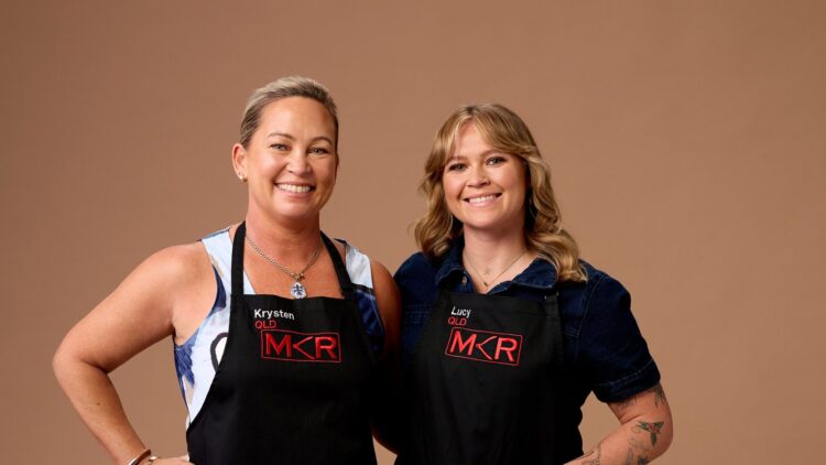 Krysten and Lucy in their aprons for My Kitchen Rules on Channel 7