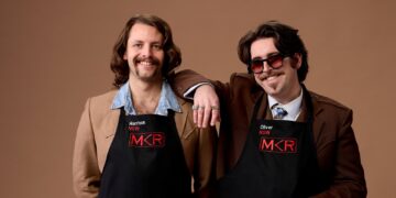Harrison and Oliver in their aprons for My Kitchen Rules on Channel 7