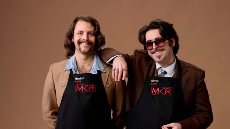 Harrison and Oliver in their aprons for My Kitchen Rules on Channel 7