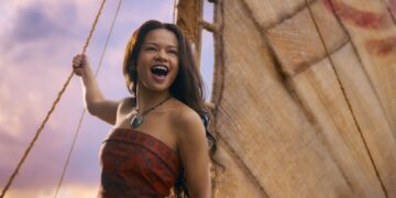 Catherine Lagaʻaia as Moana on a voyaging canoe