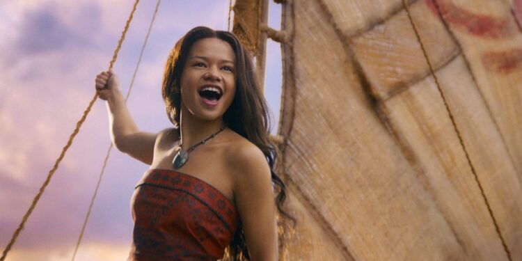 Catherine Lagaʻaia as Moana on a voyaging canoe
