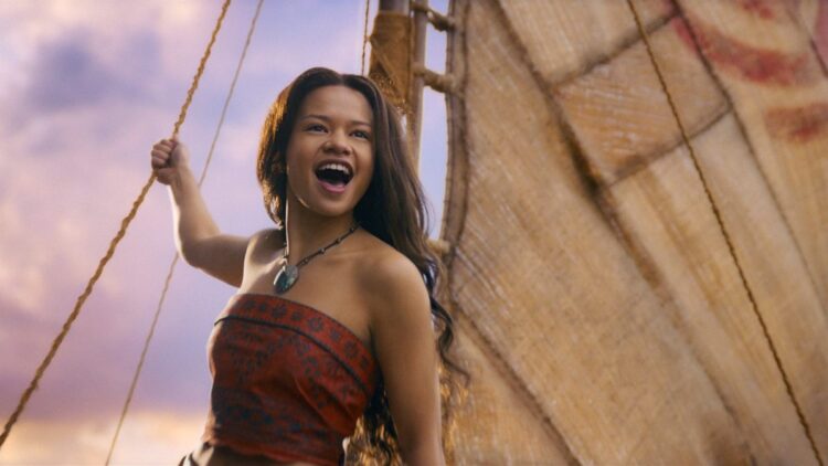 Catherine Lagaʻaia as Moana on a voyaging canoe
