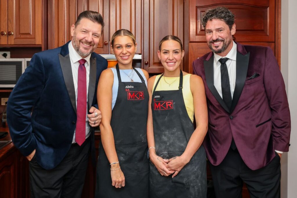 Alisha and Deanne with My Kitchen Rules judges Manu Feildel and Colin Fassnidge