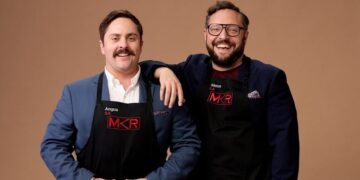 My Kitchen Rules contestants Angus and Simon in their MKR aprons
