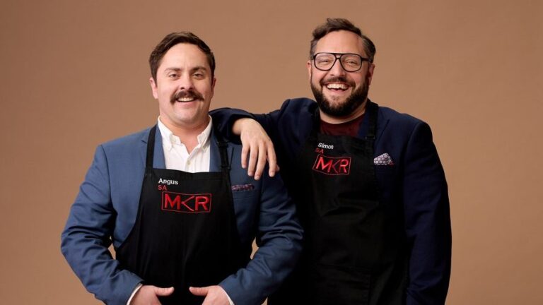 My Kitchen Rules contestants Angus and Simon in their MKR aprons