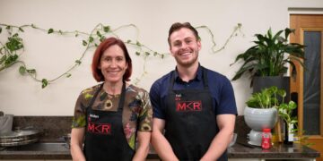 Sheridan and Ted in their MKR aprons in the kitchen of their Perth Instant Restaurant