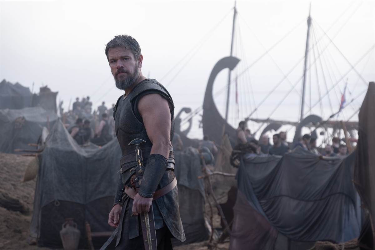 Matt Damon as Odysseus among ships in The Odyssey