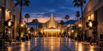 Illuminated film studio lot at dusk, representing the Paramount and Warner Bros. Discovery merger