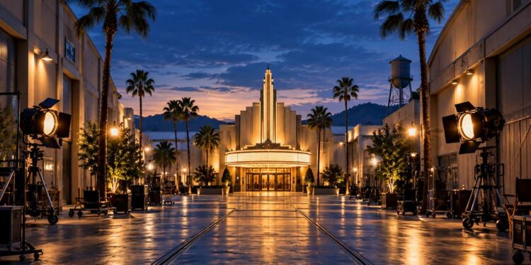 Illuminated film studio lot at dusk, representing the Paramount and Warner Bros. Discovery merger