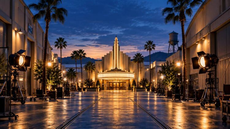 Illuminated film studio lot at dusk, representing the Paramount and Warner Bros. Discovery merger