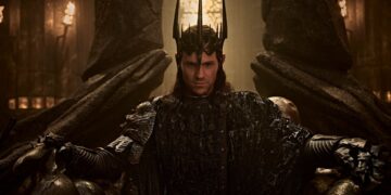 Charlie Vickers as Sauron on his throne in The Lord of the Rings: The Rings of Power season 3