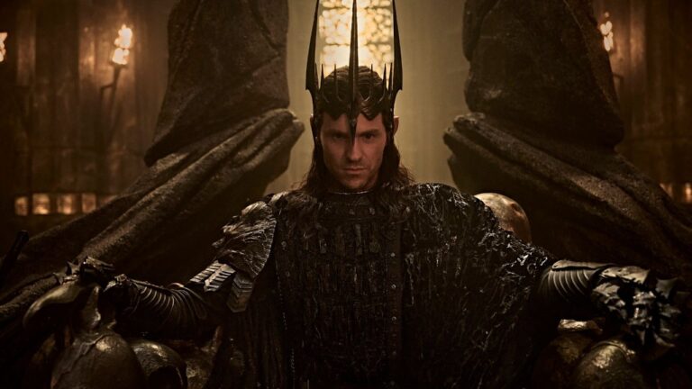 Charlie Vickers as Sauron on his throne in The Lord of the Rings: The Rings of Power season 3