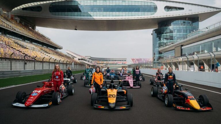 F1 ACADEMY drivers at a race circuit, featured for The Pursuit documentary special