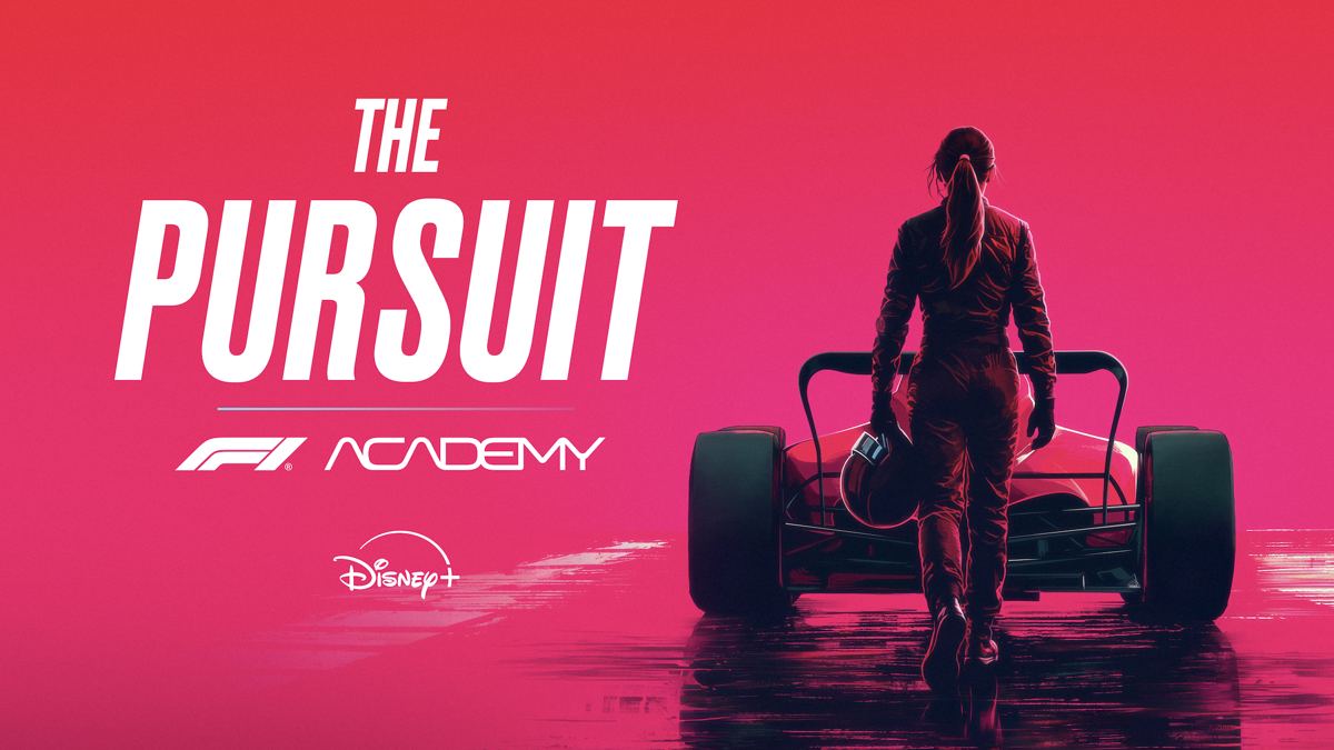 The Pursuit: F1 ACADEMY official Disney+ key art showing a driver and race car