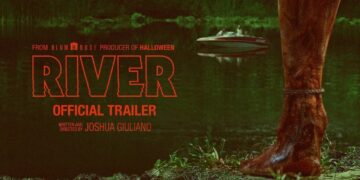 A figure stands at the water’s edge in the River trailer key art