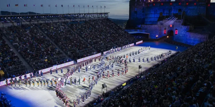The Royal Edinburgh Military Tattoo 2026 performers on the Edinburgh Castle Esplanade