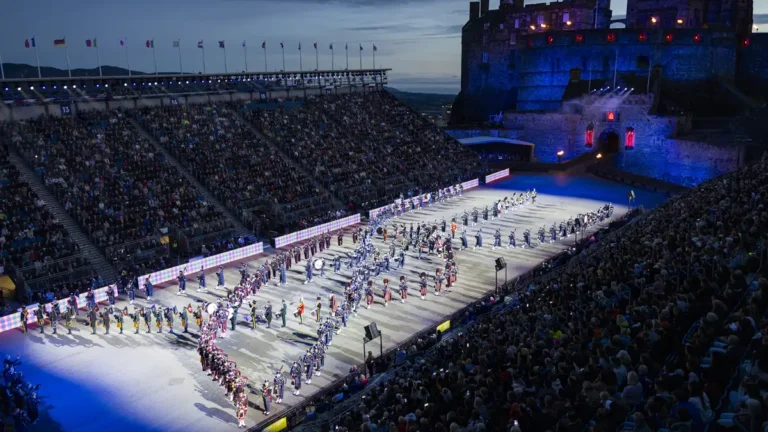 The Royal Edinburgh Military Tattoo 2026 performers on the Edinburgh Castle Esplanade