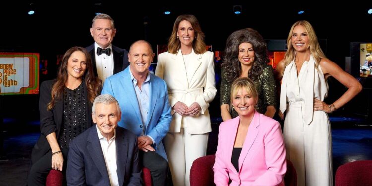 Michael Usher with Bruce McAvaney, Georgie Parker, Larry Emdur, Sonia Kruger, Johanna Griggs, Natalie Barr and Effie for 70 Years of Seven