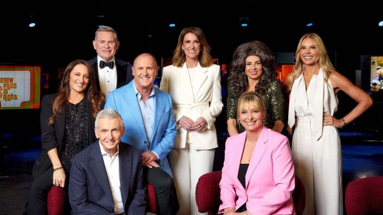 Michael Usher with Bruce McAvaney, Georgie Parker, Larry Emdur, Sonia Kruger, Johanna Griggs, Natalie Barr and Effie for 70 Years of Seven