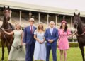 Seven's spring racing presenters with two horses at a racecourse