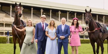 Seven's spring racing presenters with two horses at a racecourse