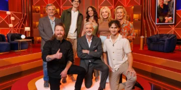 Shaun Micallef with Amanda Keller, Brett Blake, Abbie Chatfield and their families for episode three