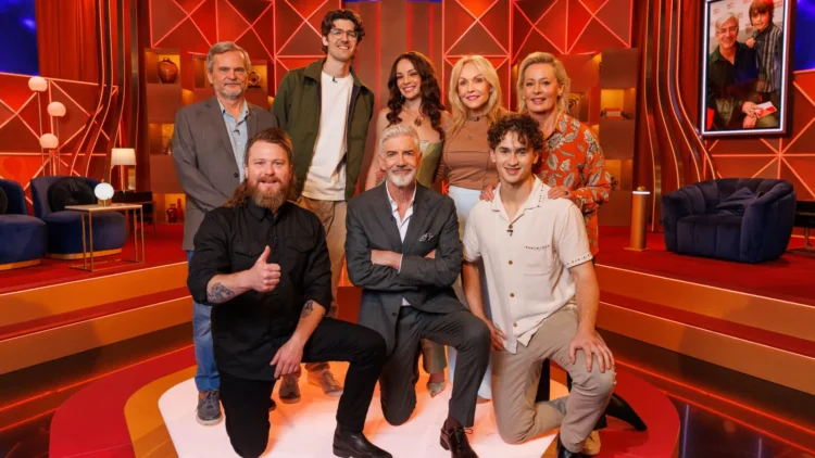 Shaun Micallef with Amanda Keller, Brett Blake, Abbie Chatfield and their families for episode three