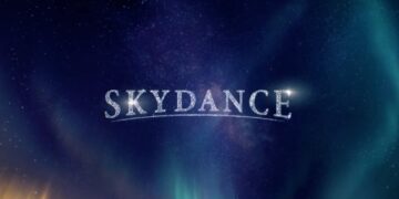 Skydance wordmark on a blue night-sky background