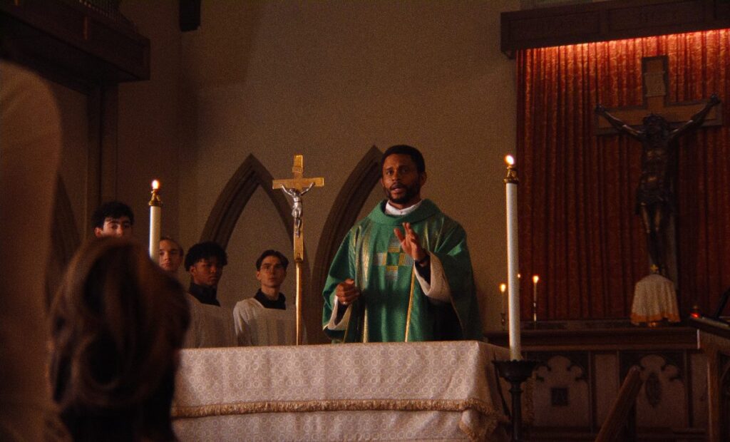A priest leads Mass at the altar of a church in The Body on Netflix