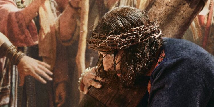 Jonathan Roumie as Jesus carrying the cross in The Chosen season 6 artwork