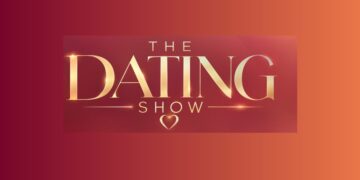 Official gold The Dating Show title on a red and orange background.