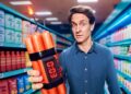 Craig Reucassel holds a bundle of sausages rigged like a bomb in a supermarket aisle for The Great Food Con on ABC