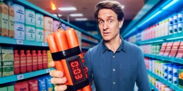 Craig Reucassel holds a bundle of sausages rigged like a bomb in a supermarket aisle for The Great Food Con on ABC