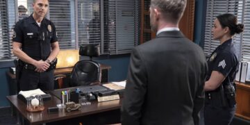 Officers meet in a police station office in The Rookie season finale on Channel 7