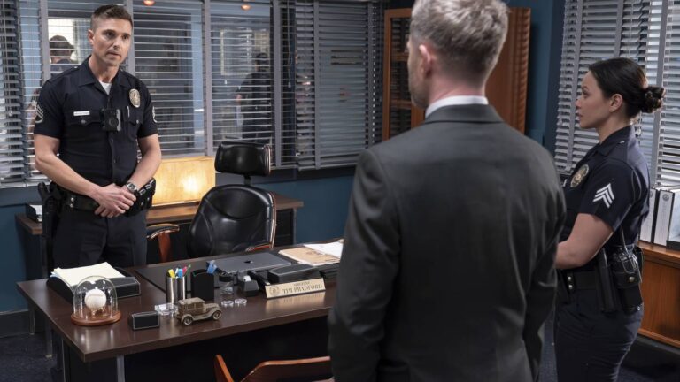 Officers meet in a police station office in The Rookie season finale on Channel 7