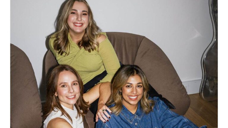 The Room podcast hosts Georgia, Freya and Rafa seated together