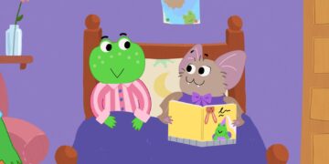 Tralala the green frog and a bat character in the animated children's series Tralala