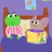 Tralala the green frog and a bat character in the animated children's series Tralala